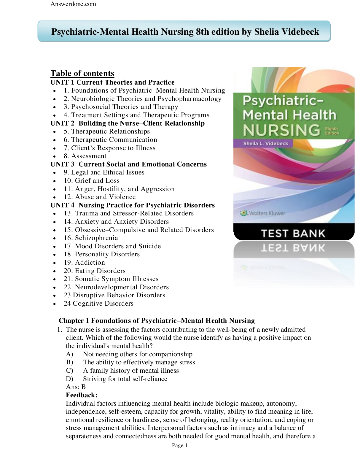Preview of TEST BANK Psychiatric Mental Health Nursing 8th edition by Shelia Videbeck